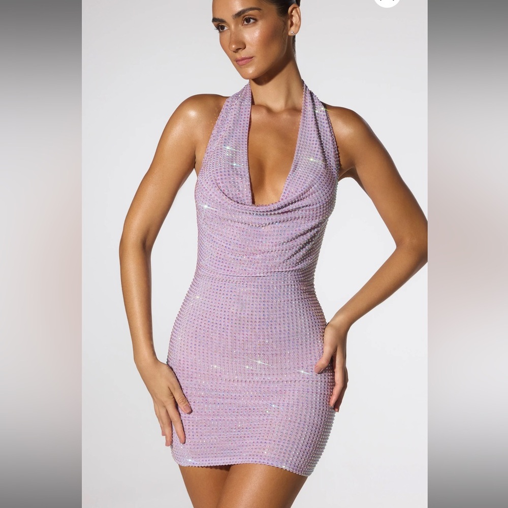 Embellished Extreme Cowl Neck Halter Mini Dress in Lilac